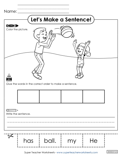 4 Word Sentences - Build a Sentence: Ball (Printable PDF Worksheet)
