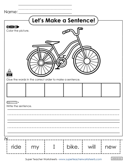 6 Word Sentences - Build a Sentence: Bike (Printable PDF Worksheet)