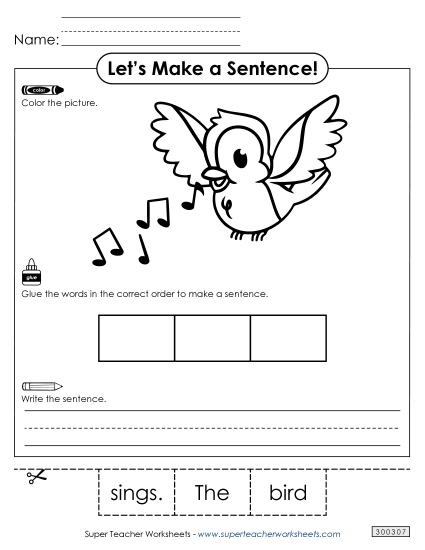 3 Word Sentences - Build a Sentence: Bird (Printable PDF Worksheet)