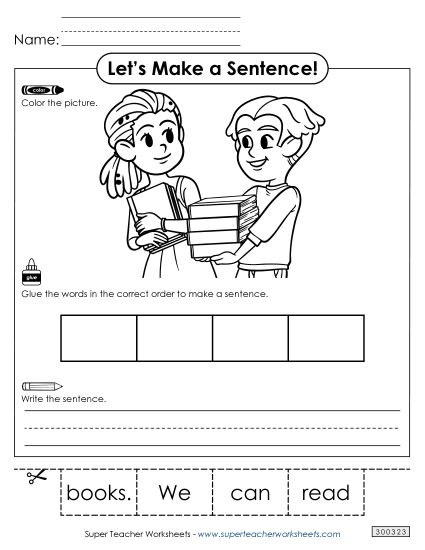 4 Word Sentences - Build a Sentence: Books (Printable PDF Worksheet)