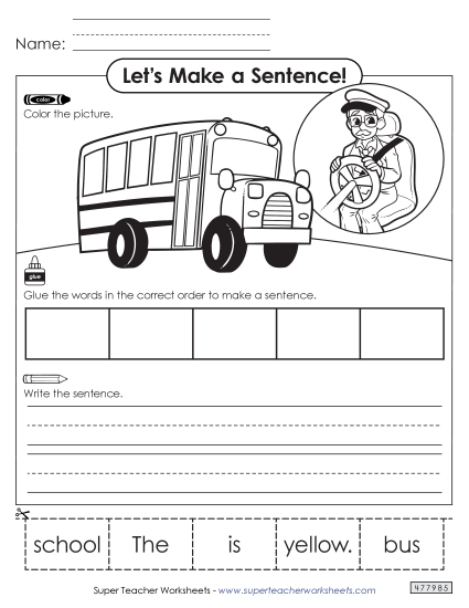Building Sentences (Cut & Glue) - Build a Sentence: Bus Driver (Printable PDF Worksheet)