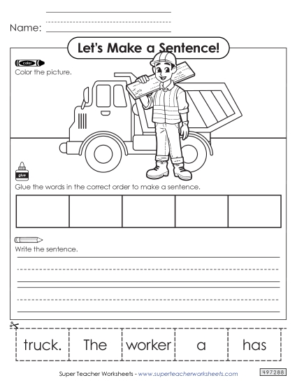 Building Sentences (Cut & Glue) - Build a Sentence: Construction Worker (Printable PDF Worksheet)