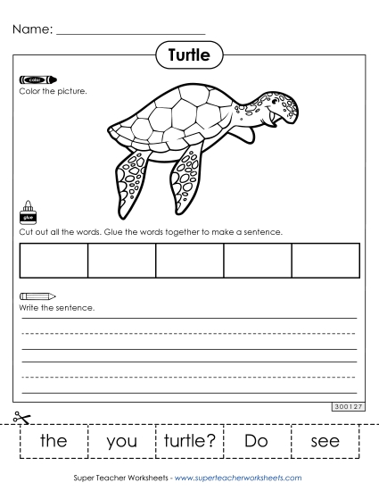 Worksheets & Activities - Build a Sentence: Do you see the turtle? (Printable PDF Worksheet)