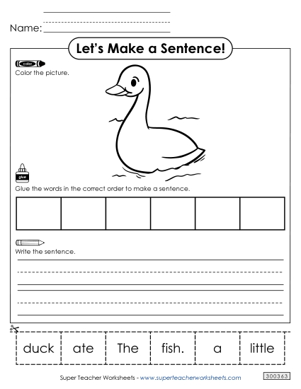 6 Word Sentences - Build a Sentence: Duck & Fish (Printable PDF Worksheet)