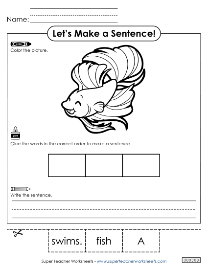 3 Word Sentences - Build a Sentence: Fish (Printable PDF Worksheet)