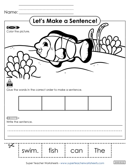4 Word Sentences - Build a Sentence: Fish (Printable PDF Worksheet)