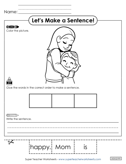 3 Word Sentences - Build a Sentence: Happy (Printable PDF Worksheet)