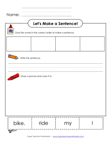 Build Sentences - Build-a-Sentence: I ride my bike. (Printable PDF Worksheet)