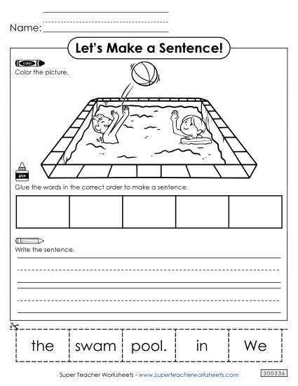 5 Word Sentences - Build a Sentence: In the Pool (Printable PDF Worksheet)
