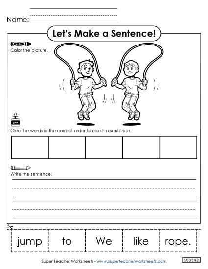 5 Word Sentences - Build a Sentence: Jump Rope (Printable PDF Worksheet)