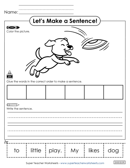 6 Word Sentences - Build a Sentence: Little Dog (Printable PDF Worksheet)