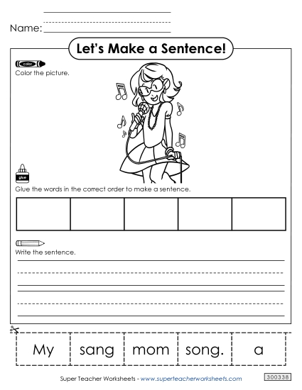 5 Word Sentences - Build a Sentence: Mom Sang (Printable PDF Worksheet)