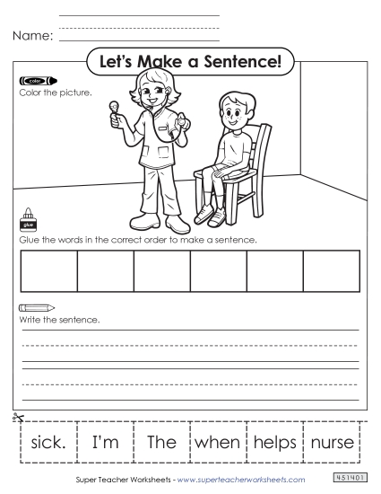 Building Sentences (Cut & Glue) - Build a Sentence: Nurse (Printable PDF Worksheet)