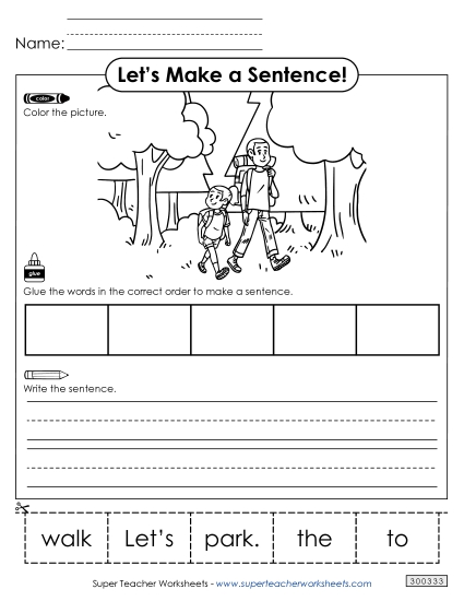 5 Word Sentences - Build a Sentence: Park (Printable PDF Worksheet)