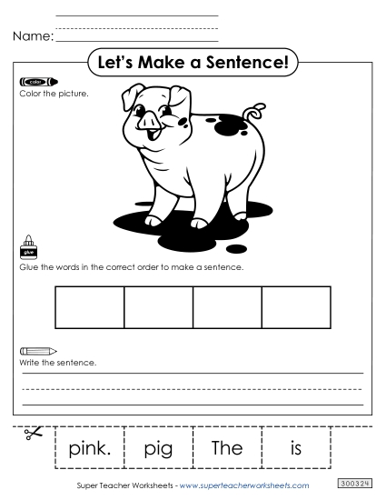 4 Word Sentences - Build a Sentence: Pig (Printable PDF Worksheet)