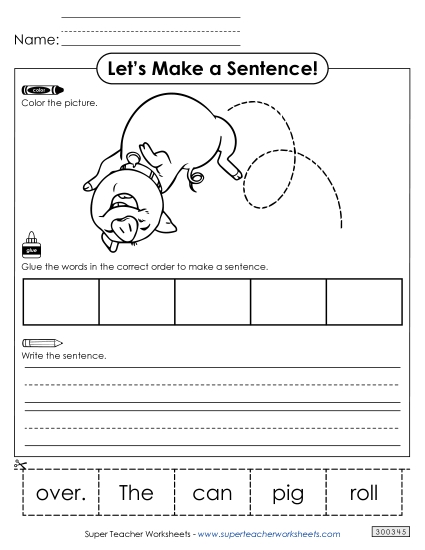 5 Word Sentences - Build a Sentence: Pig Roll (Printable PDF Worksheet)
