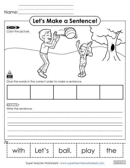 5 Word Sentences - Build a Sentence: Play Ball (Printable PDF Worksheet)