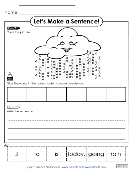 6 Word Sentences - Build a Sentence: Rain (Printable PDF Worksheet)