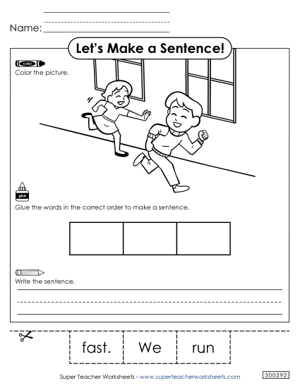 3 Word Sentences - Build a Sentence: Run (Printable PDF Worksheet)