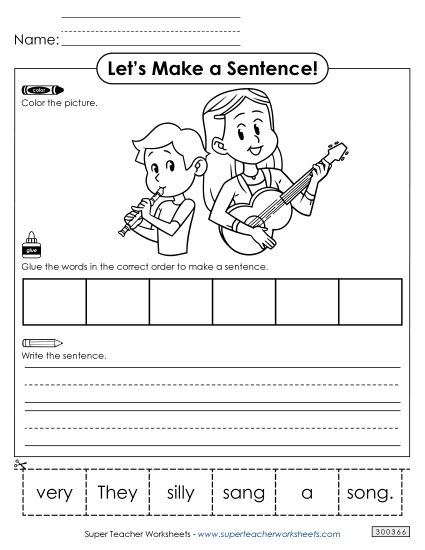 6 Word Sentences - Build a Sentence: Silly Song (Printable PDF Worksheet)