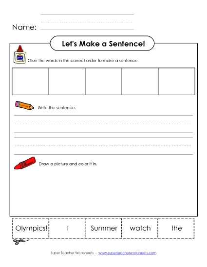 Early Literacy - Build a Sentence: Summer Olympics (Printable PDF Worksheet)