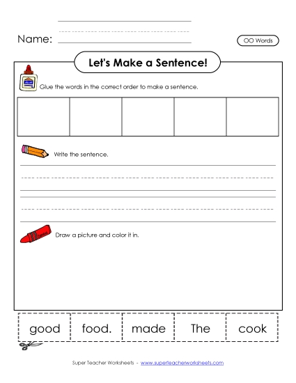 Build Sentences - Build-a-Sentence: The cook made good food. (Printable PDF Worksheet)
