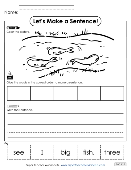 5 Word Sentences - Build a Sentence: Three Fish (Printable PDF Worksheet)