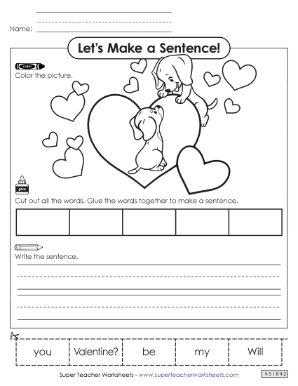 Early Literacy - Build-a-Sentence: Valentine's Day (Printable PDF Worksheet)