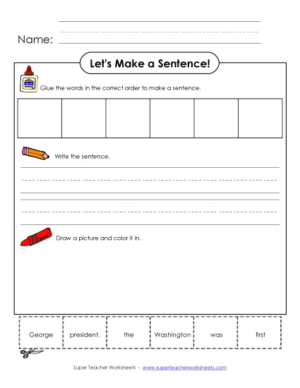Early Literacy - Build-a-Sentence: Washington (Printable PDF Worksheet)