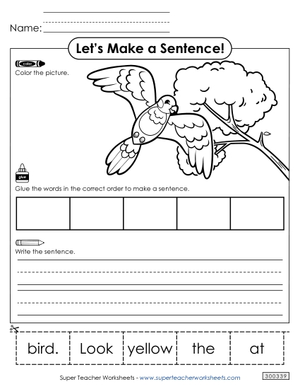 5 Word Sentences - Build a Sentence: Yellow Bird (Printable PDF Worksheet)
