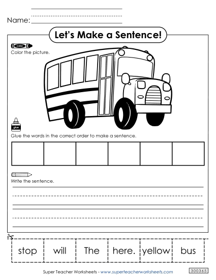 6 Word Sentences - Build a Sentence: Yellow Bus (Printable PDF Worksheet)