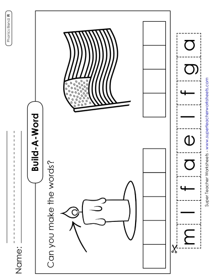 Cut and Glue Activities - Build-a-Word #1: Flame and Flag (Printable PDF Worksheet)
