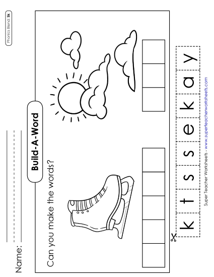 Cut and Glue Activities - Build-a-Word #1: Skate and Sky (Printable PDF Worksheet)