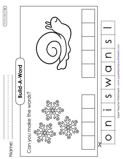 Cut and Glue Activities - Build-a-Word #1: Snow and Snail  (Printable PDF Worksheet)