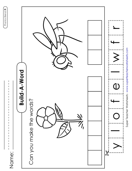 Cut and Glue Activities - Build-a-Word #2: Flower and Fly (Printable PDF Worksheet)