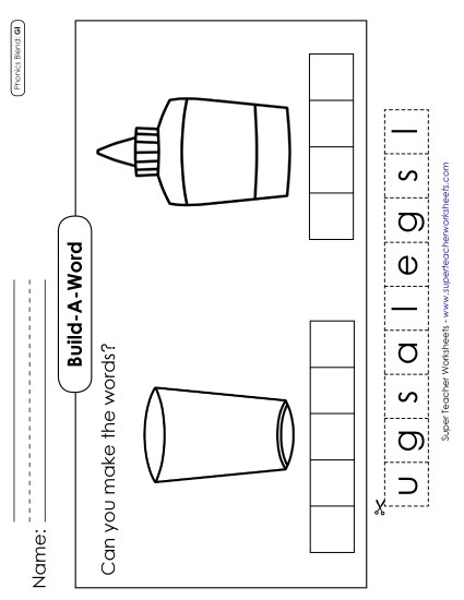 Cut and Glue Activities - Build-a-Word #2: Glass and Glue (Printable PDF Worksheet)