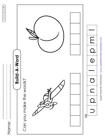 Cut and Glue Activities - Build-a-Word #2: Plane and Plum (Printable PDF Worksheet)