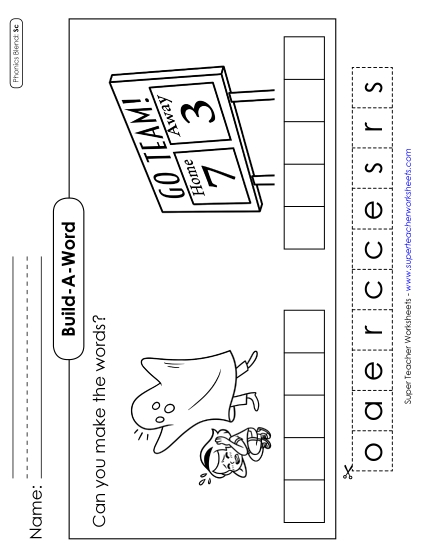 Cut and Glue Activities - Build-a-Word #2: Scare and Score (Printable PDF Worksheet)