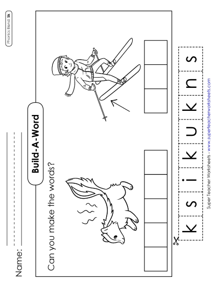 Cut and Glue Activities - Build-a-Word #2: Skunk and Ski (Printable PDF Worksheet)