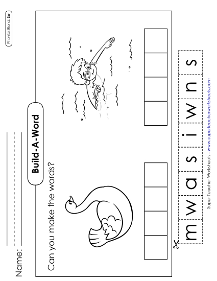 Cut and Glue Activities - Build-a-Word #2: Swan and Swim (Printable PDF Worksheet)