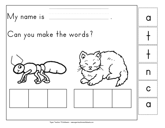 Cut & Glue Activities - Build-a-Word: Ant & Cat (Printable PDF Worksheet)
