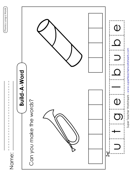 Cut and Glue Activities - Build-a-Word: Bugle & Tube (Printable PDF Worksheet)