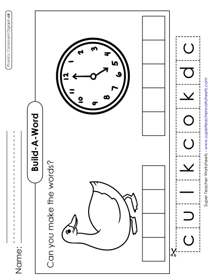 Worksheets - Build-A-Word: Duck and Clock (Printable PDF Worksheet)