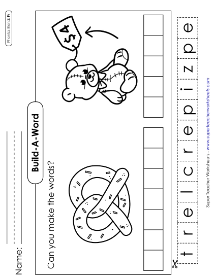 Cut and Glue Activities - Build-a-Word: Pretzel and Price (Printable PDF Worksheet)
