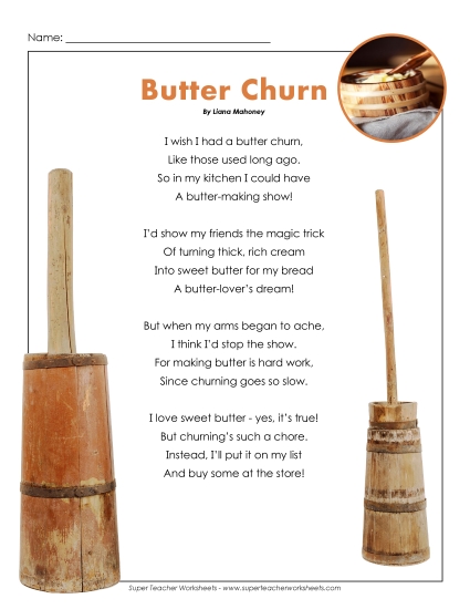 4th Grade Poems - Butter Churn (Printable PDF Worksheet)