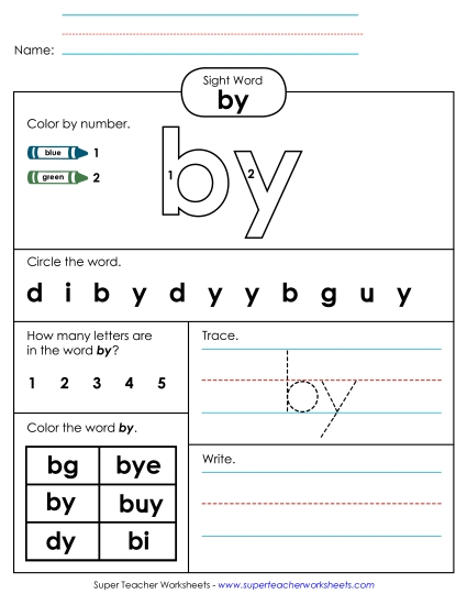 Individual Sight Words - By (Sight Word) (Printable PDF Worksheet)
