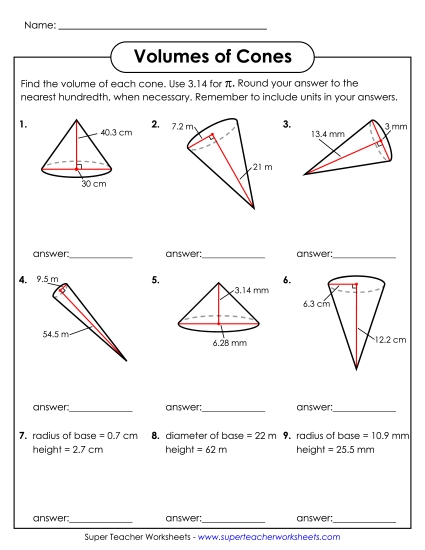 Level: Advanced - Calculate the Volumes of Cones (Advanced) (Printable PDF Worksheet)