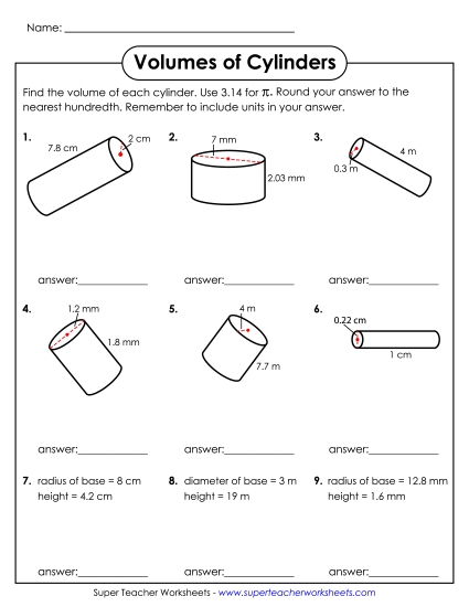 Level : Advanced - Calculate Volumes of Cylinders (Advanced) (Printable PDF Worksheet)