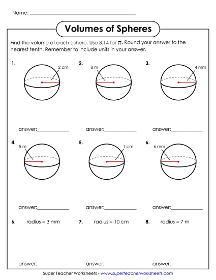 Level: Basic - Calculate Volumes of Spheres (Printable PDF Worksheet)