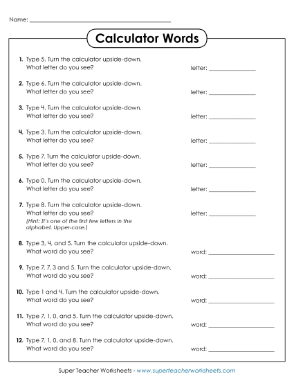 Number Challenges - Calculator Words (Printable PDF Worksheet)